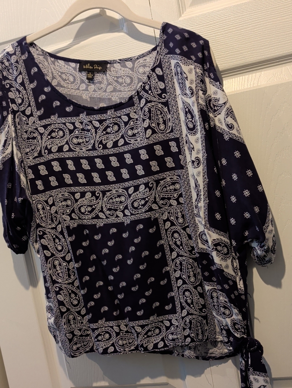 Melissa Paige Cold Shoulder Navy Paisley Bandana Print Blouse
